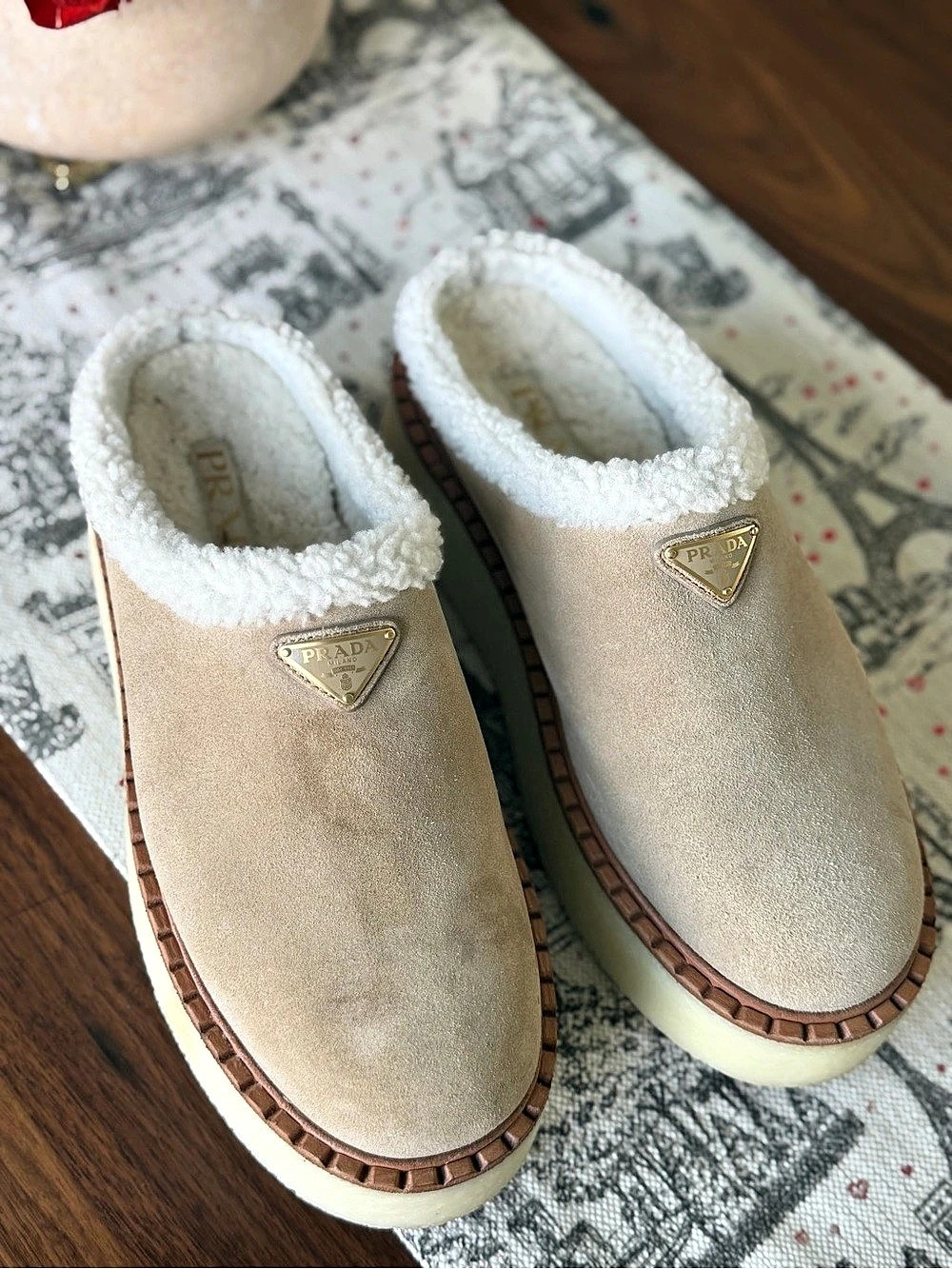 Prada Suede and Shearling Mules Brown & Cream EU 39